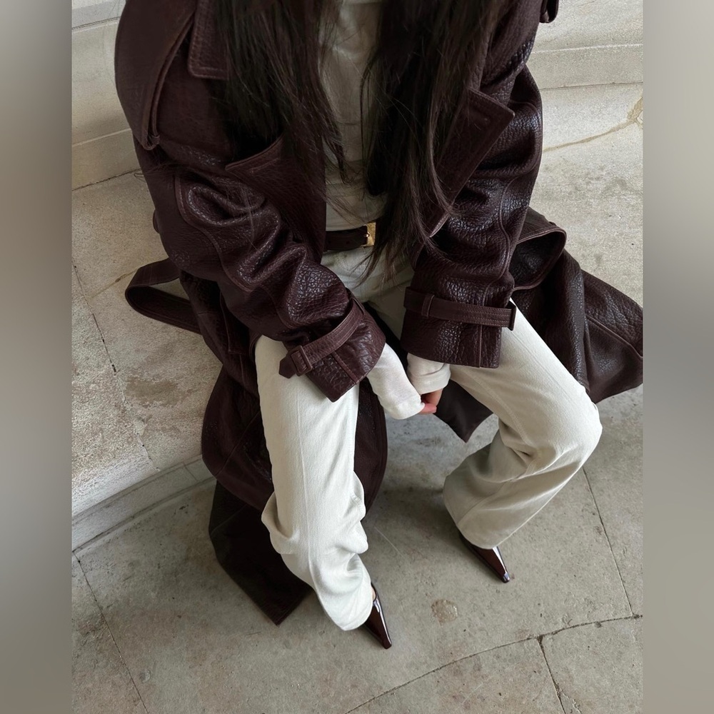 En Cuir Pebbled Leather Trench in Brown / Burgundy 100% Leather VERY OVERSIZED - Picture 7 of 14
